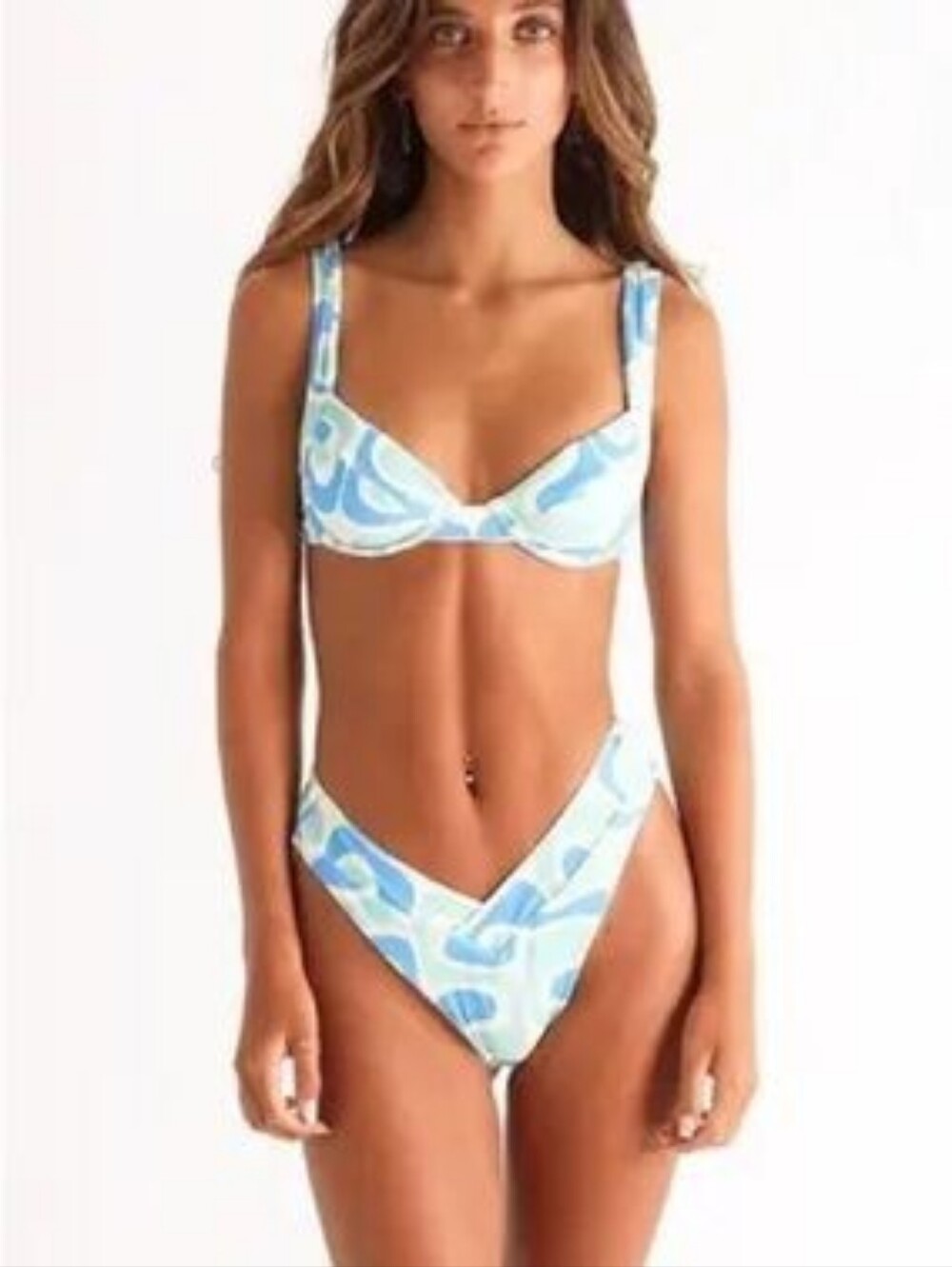 Aurelle Blue Green Wave Bikini Set Underwire High Cut 2 Piece Swimsuit Small
